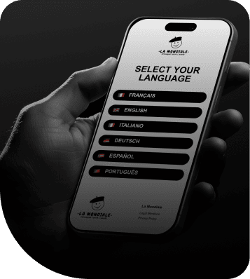 Smartphone affichant le menu des règles multilingues du jeu La Mondiale.